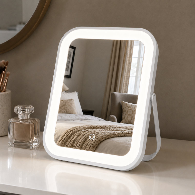 Rectangle Compact LED Mirror with Lights,Touch Control, Dimmable Lights, 9.65" x 8.46"