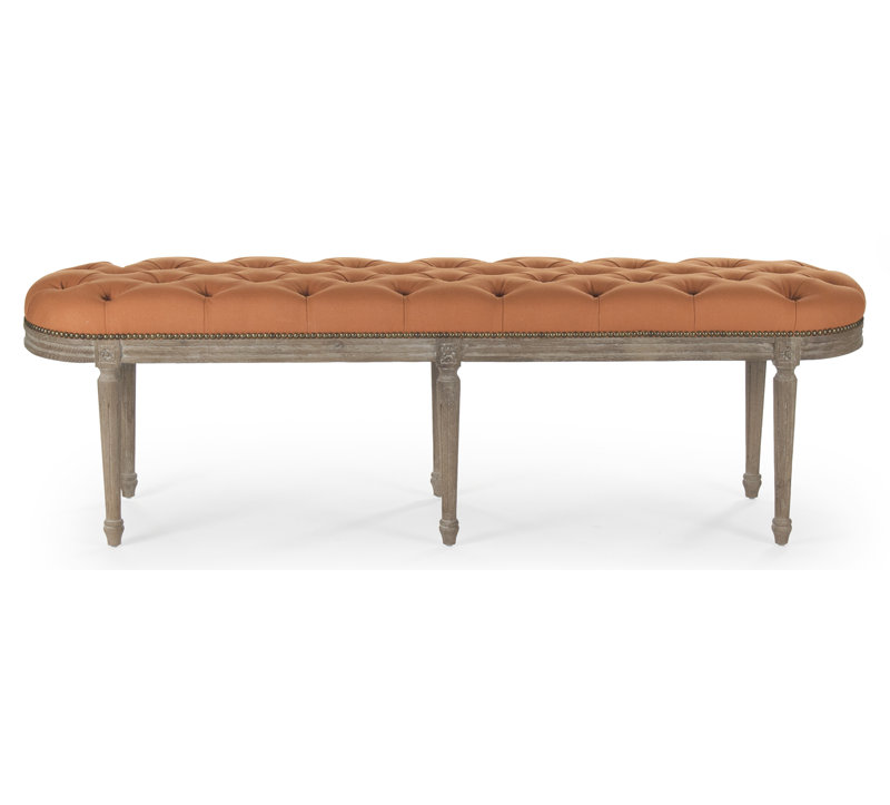 Michel Limed Grey Oak Tufted Bench with Orange Linen Seat