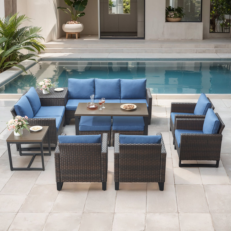 Ingvald All-Weather Wicker Outdoor Patio Conversation Set Seating Group With Lounge Chairs And 52" Table, Blue