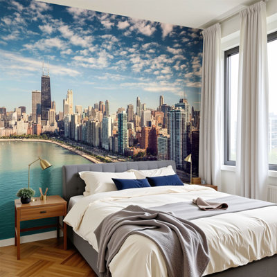 Peel and Stick Wallpaper 96" W x 69" H Modern Self Adhesive Wall Mural for Bedroom Chicago Skyline aerial view skyscrapers