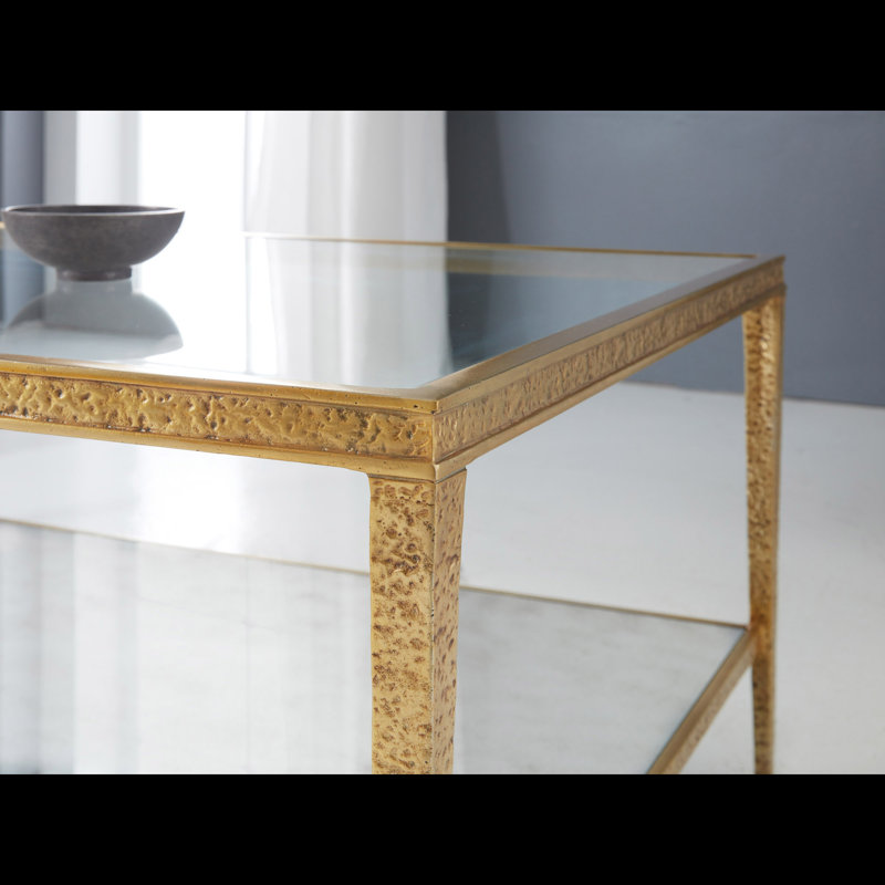 Sculpture Glass Cocktail Table, Antique Brass