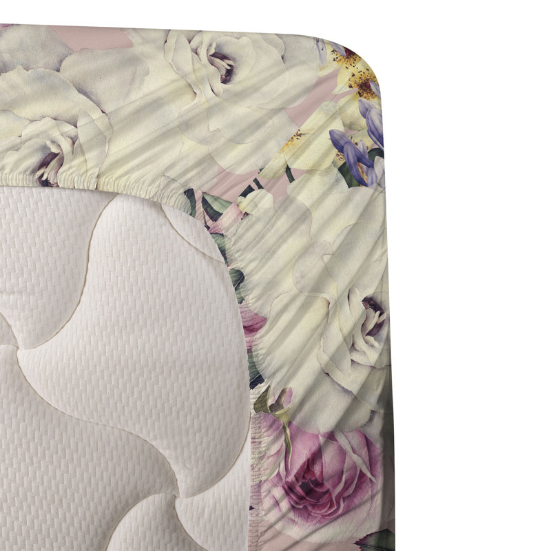 Ambesonne Watercolor Botany Sheet Set 4 Pcs Retro Boho Bloom, Ivory Pastel Pink Floral, Full Sheet Set with 2 Pillowcases