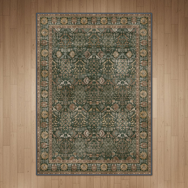 Traditional Vintage Dark Green Oriental Rug Machine Washable Non Slip Area Rug, Dark Green, Rectangle 5' x 7'