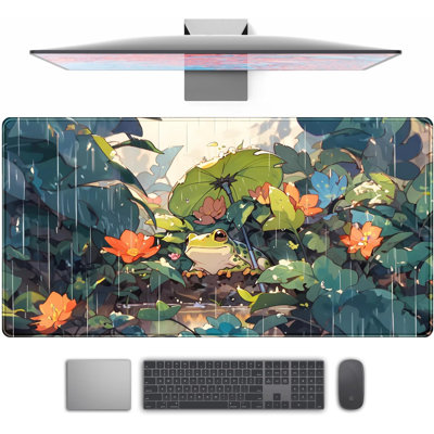 Anime Frog Mouse Pad Desk Mat Cure Frogs On Rainy Days Green Desk Decor Mat, Large Gaming Mouse Pad for Desk Computer Keyboard Laptop, Desk Decor Home Office Accessories for Girl with Stitched Eges 15.75*31.5inch Comes with a free 11-ounce mug