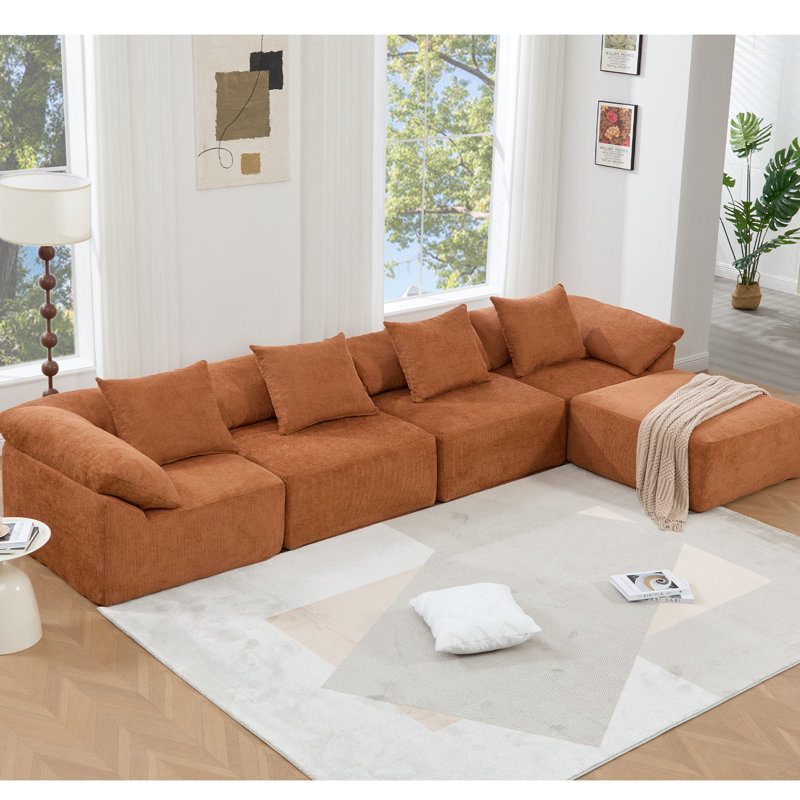 Canapé modulaire en forme de L 142 po, revêtement en chenille orange, 5 sièges et canapé modulaire orange de construction, pièce, coussins moelleux pour une ambiance relaxante