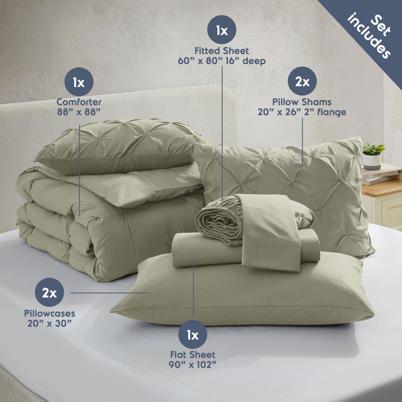 Ensemble d'édredon plissé avec draps Bed-in-a-Bag, Édredon de grande taille et 6 pièces supplément, Sauge pâle