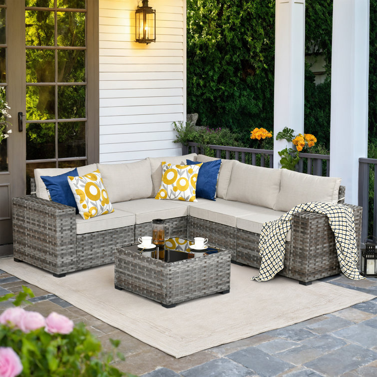 Baili 5 - Person Outdoor Wicker Sectional Seating Group with Cushions, Modern Modular Rattan Conversation Set, Patio Furniture Set with Wide Armrest