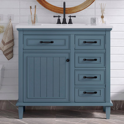 Meuble-lavabo 36 po avec comptoir en céramique, structure en bois massif, armoire en MDF et peuplier, tiroirs rabattables, tablette réglable et poignées en alliage de zinc