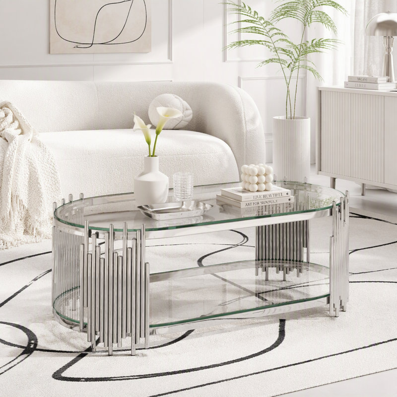 Table basse argentée de luxe avec étagères à deux niveaux en verre trempé, table centrale ovale moderne pour salon, structure en acier inoxydable poli