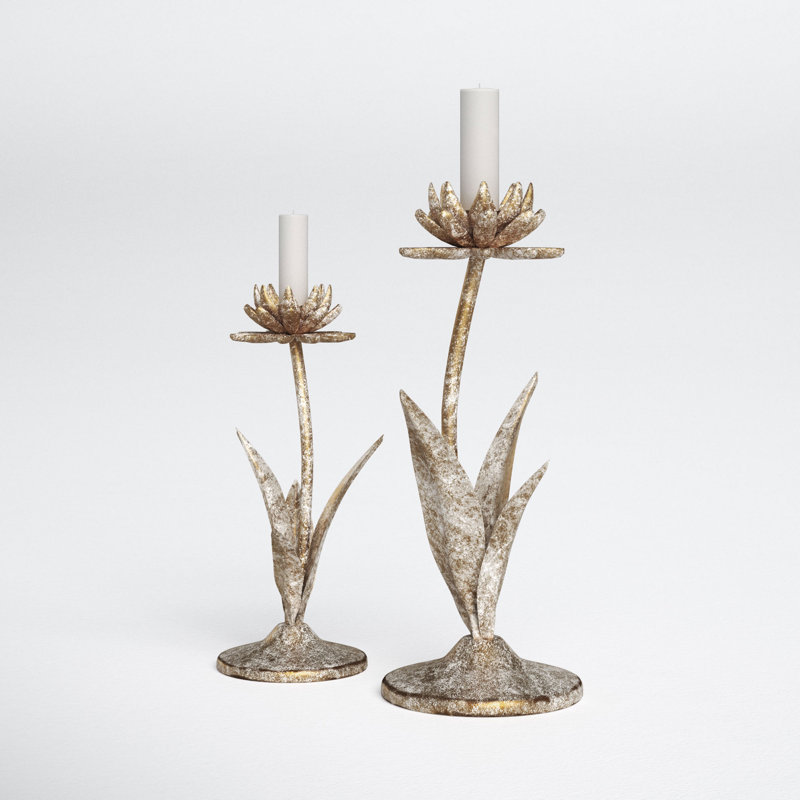 Distressed Gold Metal Flower Taper Candle Holders, Set of 2