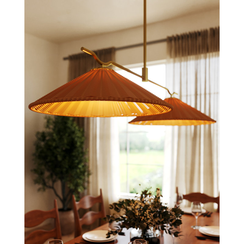 Luminaire suspendu linéaire en or brossé 50 po avec abat-jour en rotin naturel Chetopa, Brushed Gold/Natural Rattan