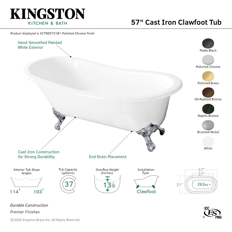 Kingston Brass Aqua Eden 57-Inch Cast Iron Oval Single Slipper Clawfoot Tub (No Faucet Drillings), White