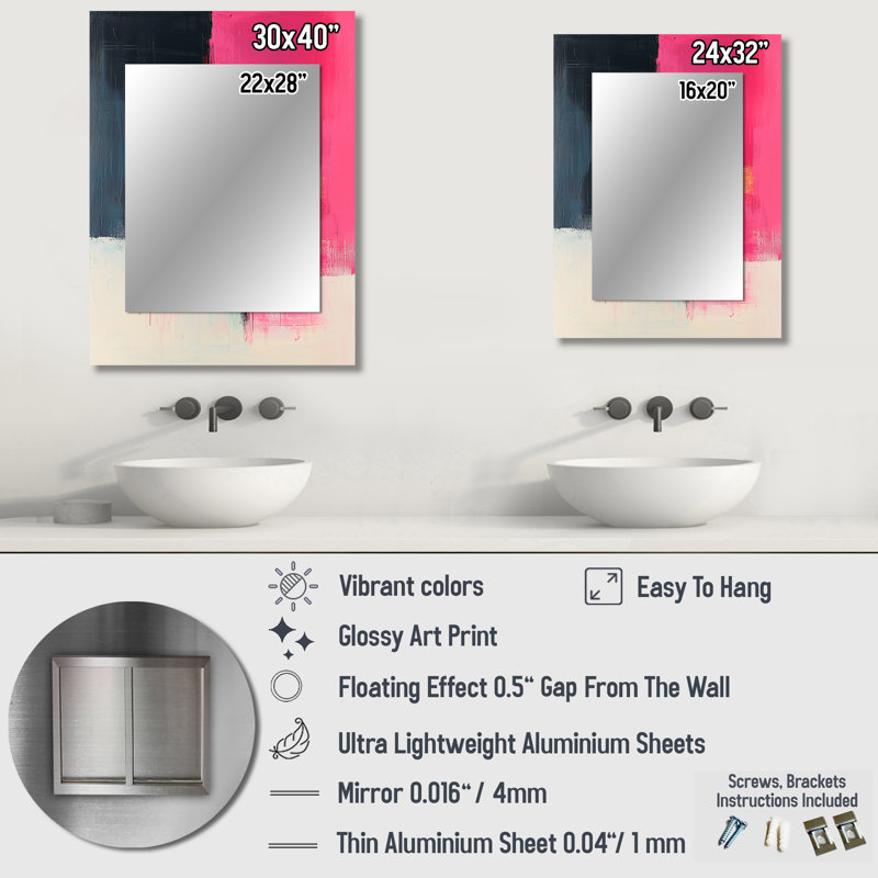 Blakc And Pink Meet In Dream III - Line Art Decorative Wall Mirror, Pink Large Mirror, Printed Metal Art, 32" x 24"