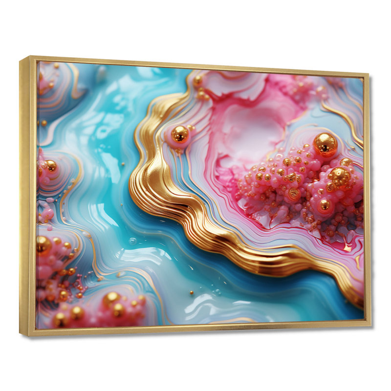 Art mural Radiant Ocean Agate Turquoise - marbre, Cadre flottant doré, H 16 po x l 32 po