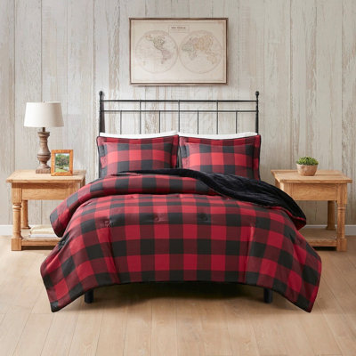 King Size Faux Wool Comforter With Fur Reverse - Plaid Design, Cozy, Warm, Machine Washable, And Printed, Comfortable, Easy Care,