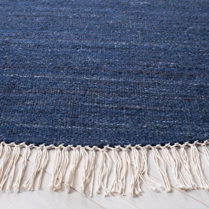 Rubinstein Hand Loomed Wool/Cotton Striped Rug in Navy, Round 7'