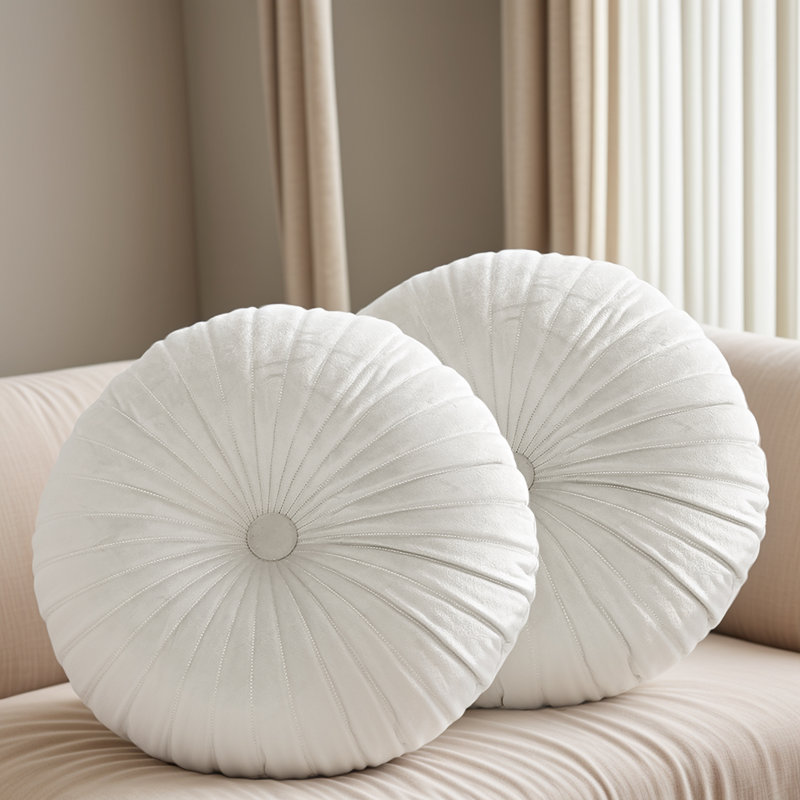  Velvet Round Throw Pillow for Sofa Decor 18-Inch (Set of 2), White