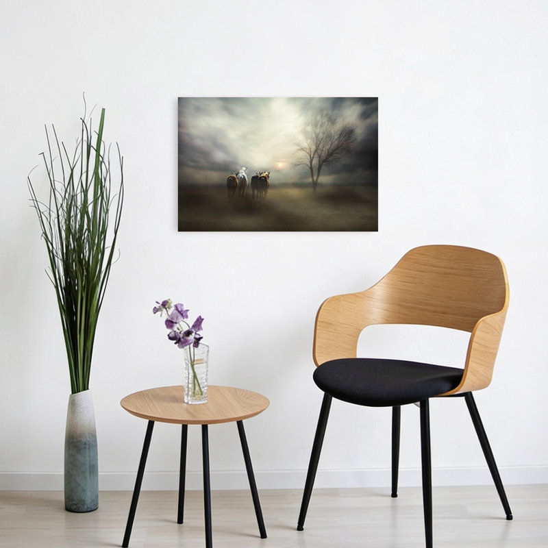 Chevaux sauvages au coucher du soleil - Paysage éthéré et paisible - Affiche murale nature, H 16 po x l 24 po