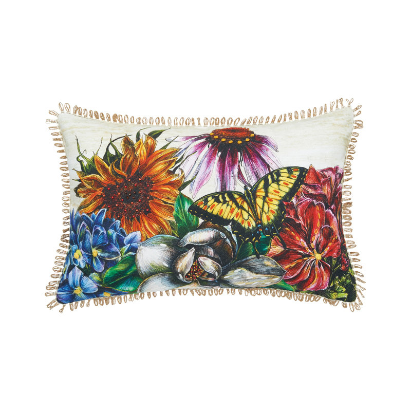 Botanical Floral Cotton Rectangular Throw Pillow with Twine Border