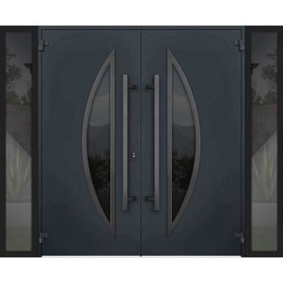 Façade avant extérieure double portes en métal / deux portes en verre anthracite teinté émaillé anthracite 6501/2 fenêtres extérieures latérales latérales / porte d'entrée moderne à ouverture intérieure gauche 104 po x 80 po