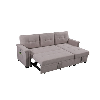 84"W Light Gray Reversible Sleeper Sectional Sofa With Storage Chaise, USB Charging Ports And Pocket