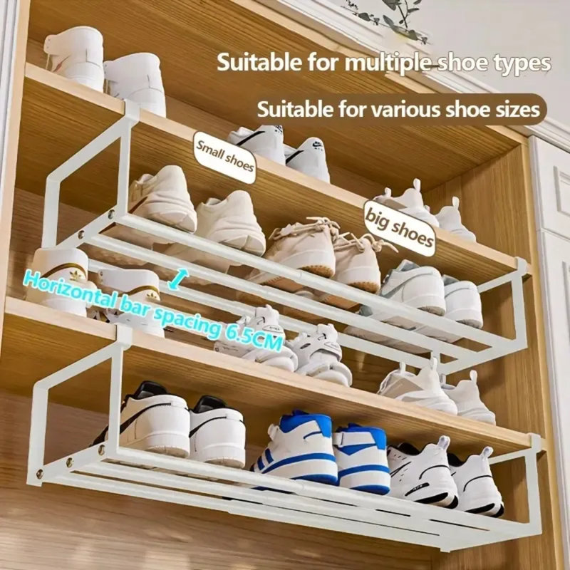Adjustable Expandable Stackable Iron Shoe Rack - Space-saving Hanging Shoe Organizer For Shoe Cabinet, Wardrobe, Bathroom Sink & Bottom Basket - Fits Flats, Heels, Sneakers