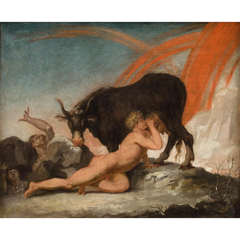 «Ymir Suckling the Cow Audhumla» par Nicolai Abildgaard - Art mural sur toile tendue avec châssis, H 48 po x l 33 po