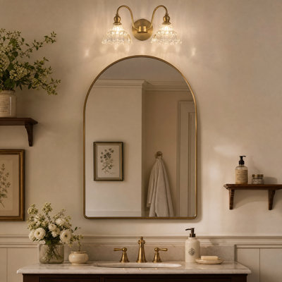 2-Light Brass Bathroom Vanity Light, Clear Textured Glass Wall Sconce