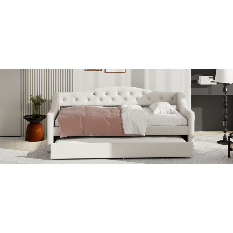 Lit de jour tapissier simple TG avec ceinture et gigogne à DEL, Beige