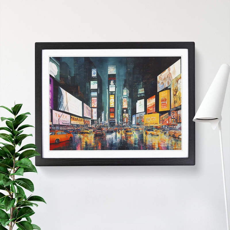 Times Square New York Watercolour Vol.7 - Single Picture Frame Painting, Black, 25cm H x 34cm W x 2cm D