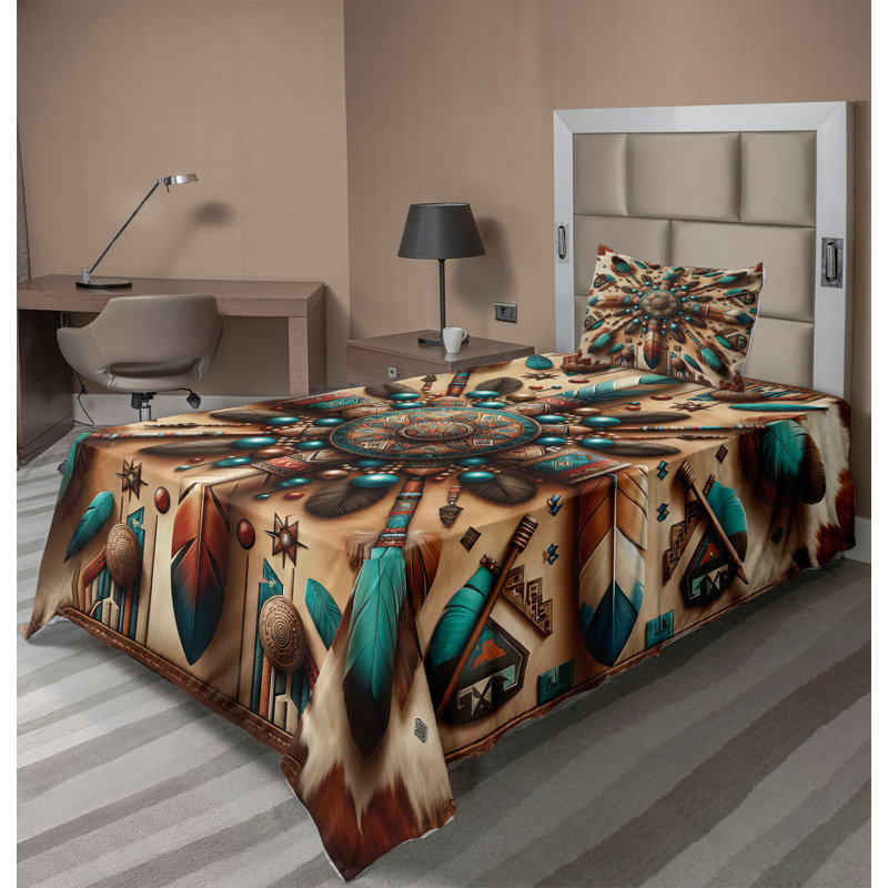 Ambesonne Rustic Sheet Set Ethnic Southwestern Feathers Redwood and Dark Turquoise, Twinxl Sheet Set with 1 Pillowcase