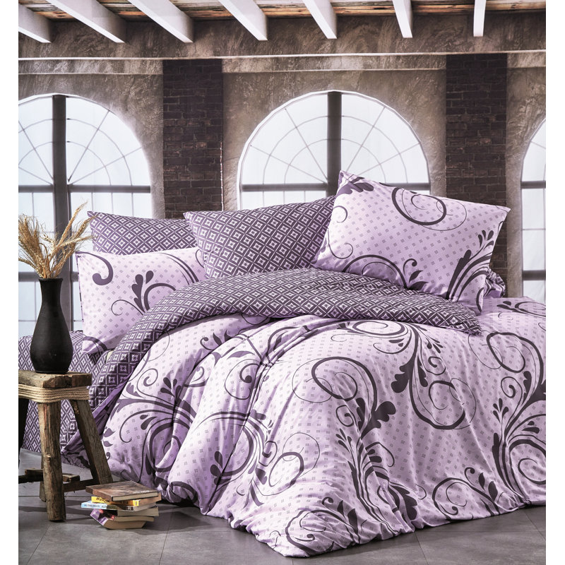 Ensemble de housse de couette 100% coton Buster, Lilas / brun, Housse de couette 61 "x 87" + 2 pièces supplémen