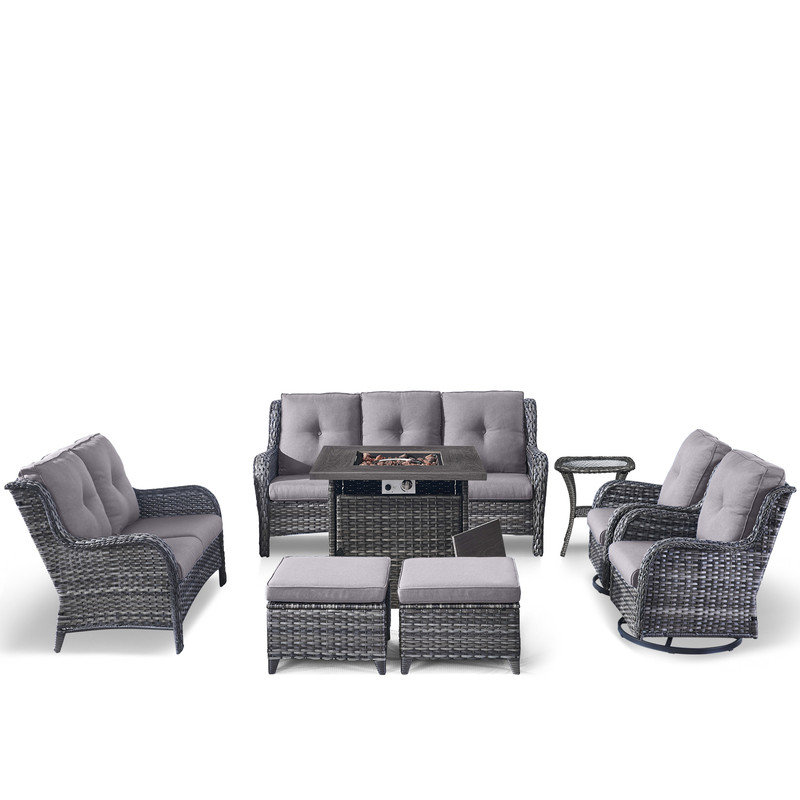 7 - Person Outdoor Seating Group with Fire Pit with Cushions, Gray