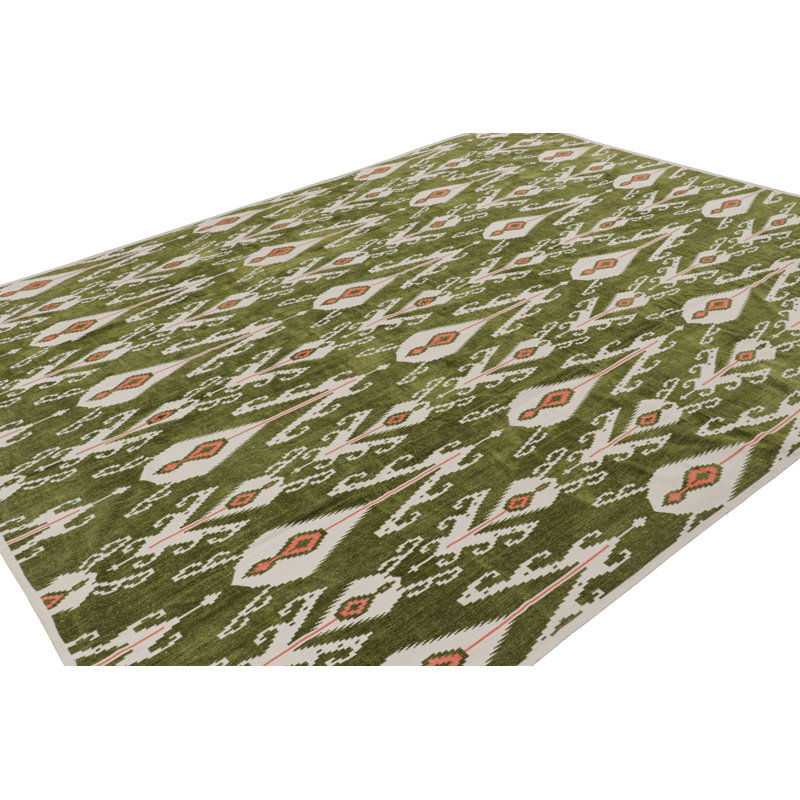 Rug & Kilim’S Contemporary Dhurrie Rug In Green With White & Pink Ikats Patterns