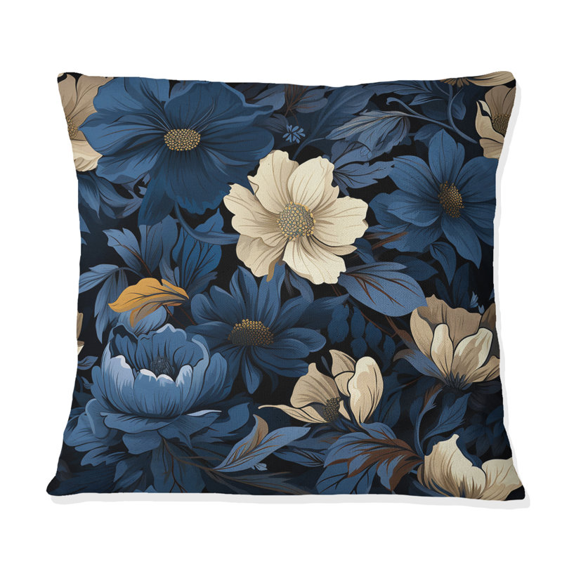 Coussin décoratif à motif floral bleu foncé et blanc Nightfall, H 18 po x l 18 po