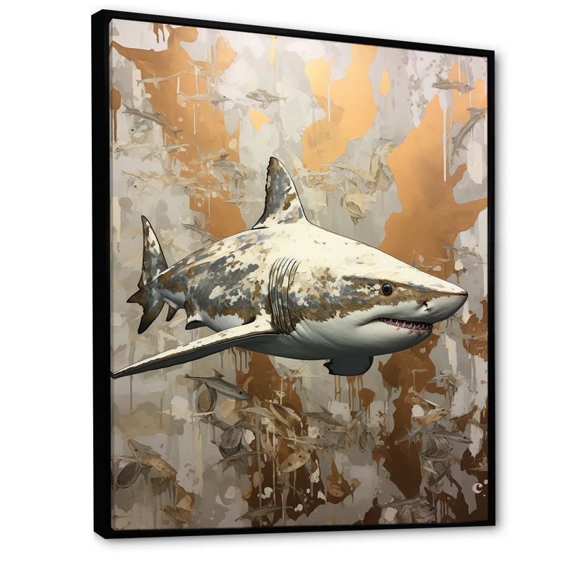 " Minimalism Shark Painting In Golden Beige II ", 44" H x 34" W x 1.5" D, Black Floater Framed