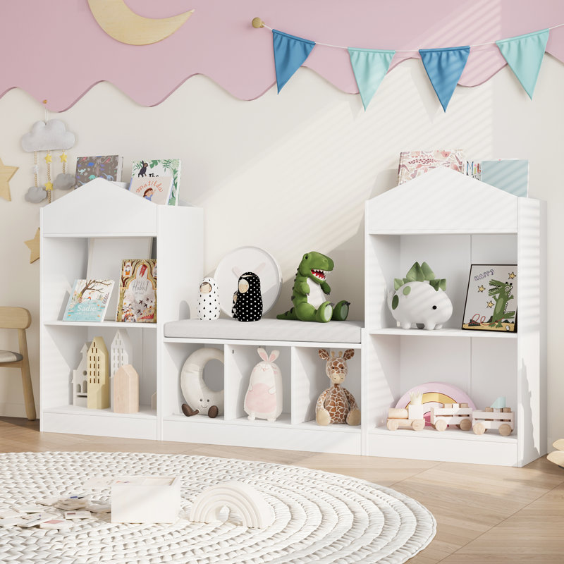 68.9“ Kids Bookshelf With Reading Nook, Toy Storage Organizer With Seat Cushion And 7 Storage Cubbies, Wooden Kids Bookcase, Toy Organizers And Storage For Nursery, Playroom, White