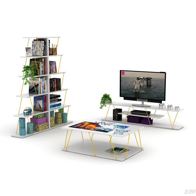 Furnishome Store Tars Mid Century Modern Tv Stand 4 Shelves Open Storage Metal Cords Entertainment Centre 56 Inch Low Tv Unit (TV Stand)