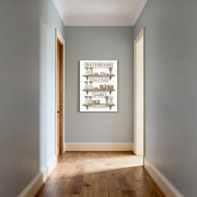 Étagère de salle de bain rustique avec produits de nettoyage et enseignes, reproduction d'art sur toile tendue sur toile, ensemble de 1