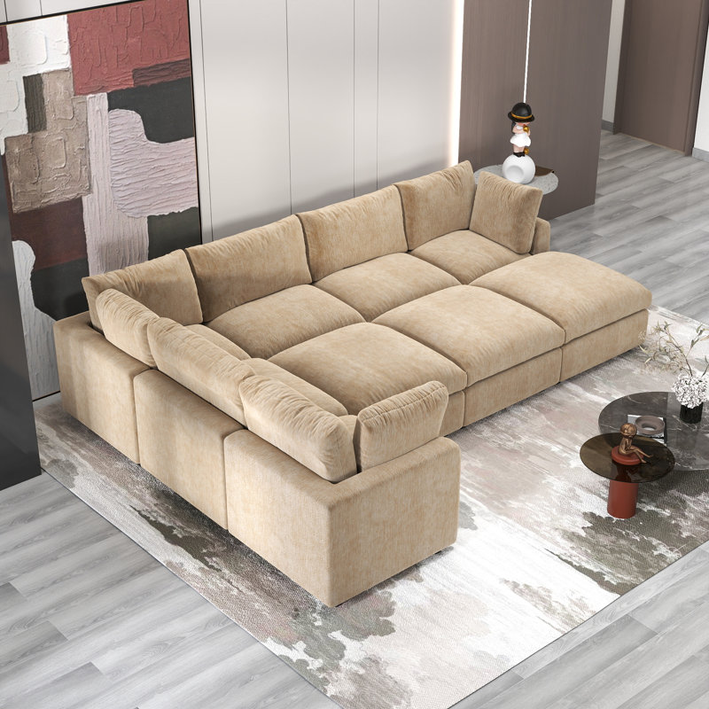 Kessi 9-Piece Upholstered Modern Chenille Fabric Modular Sectional Sofa With Ottoman, Khaki 