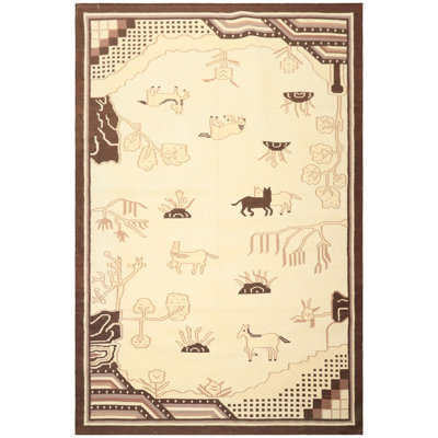 6x9 Hand Woven Wool Ivory, Chocolate Flatweave Kilim Pictorial Rug