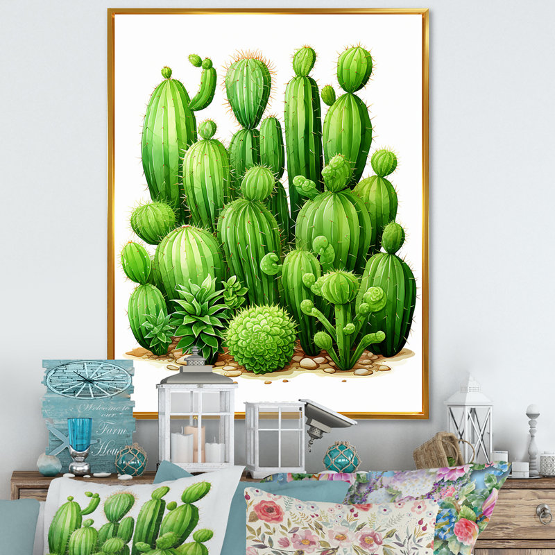 Cactus vert, désert I, H 44 po x l 34 po x P 1,5 po, Cadre doré simple