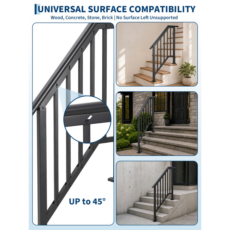 Ensemble de rampes d'escalier réglables pour l'extérieur, rampe en fer forgé pour 4 marches, rampes robustes pour terrasse et porche pour béton et bois
