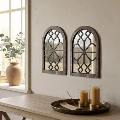 Set of 2 Light Brown Decorative Arched Window Pane Wall Mirrors – Rustic Engineered Wood Frame Accent Mirror Set