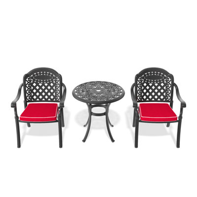 Cast Aluminum 3 Patio , Black, Random Color Cushions For Outdoor Calm Time, Stackable Chairs, Round Table With Umbrella Hole Furniture Excellent Resilience,