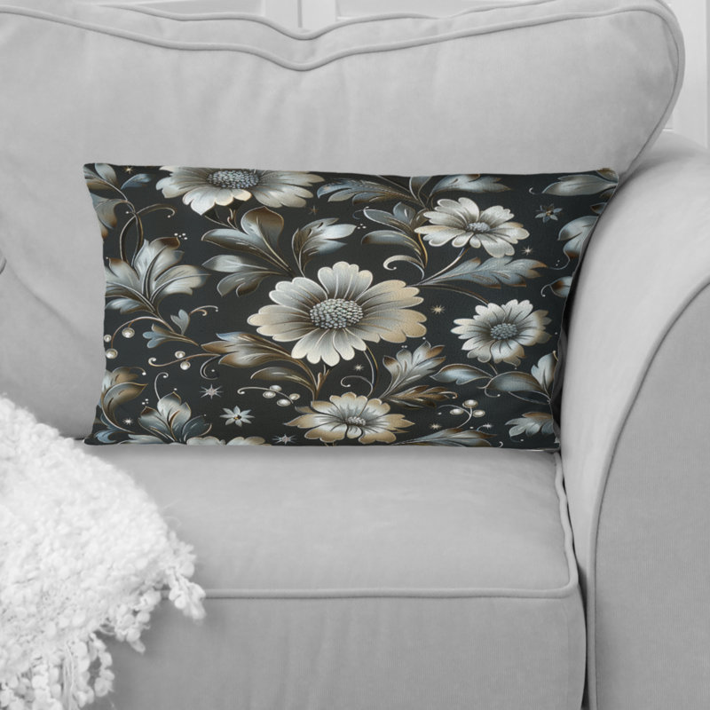 Coussin lombaire glamour Flower Gardens, Noir / argenté
