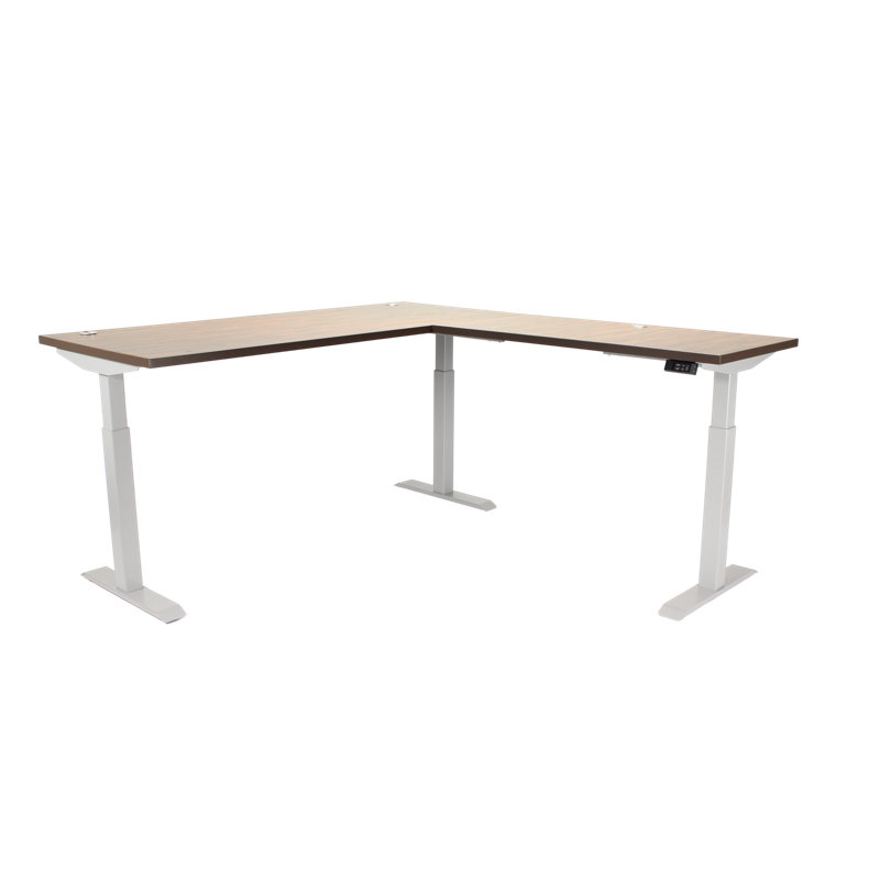 Skyline Electric Height Adjustable 72x30x48x24 L-Shape Standing Desk for Office and Home, Walnut Block Top with Brushed Silver Frame