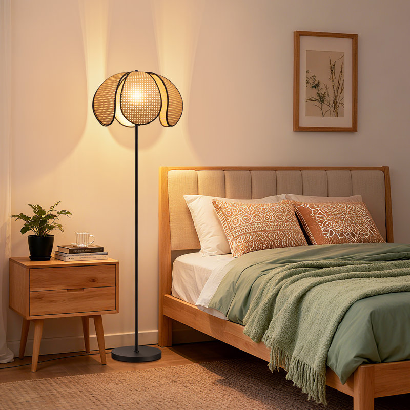 63" Traditional Novelty Floor Lamp with Natural Petal-Shaped Rattan Shade