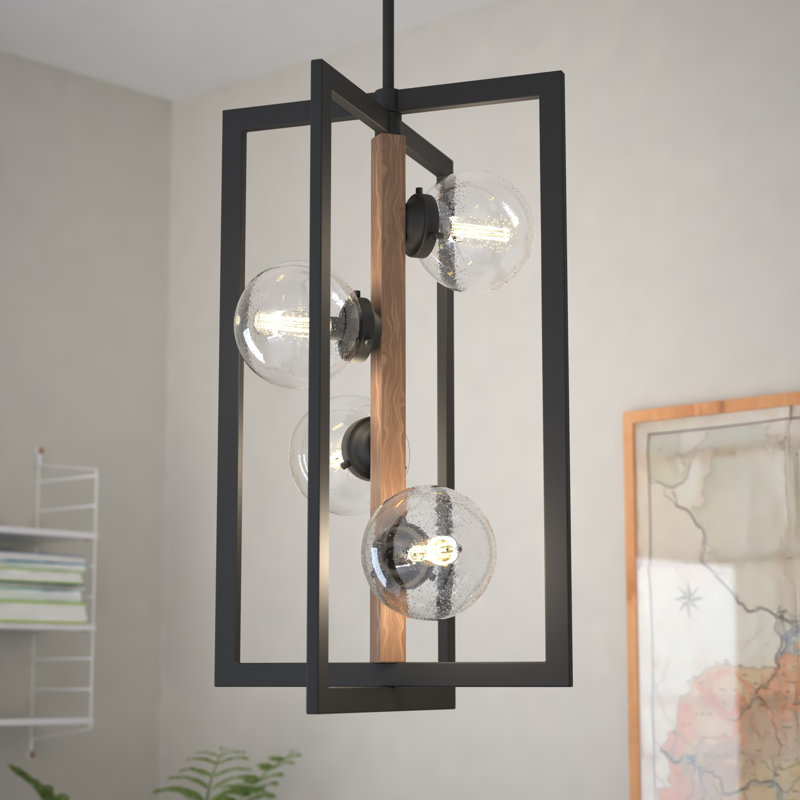 Lustre rectangulaire unique à 4 lumières avec accents de bois Adonay