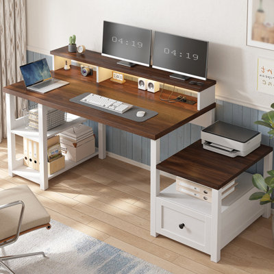 60\.4"w X 22"d Farmhouse Computer Desk With Led Lights,power Outlet And Long Monitor Stand 